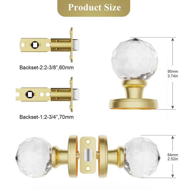 CLCTK Crystal Glass Door Knobs Interior, Passage Round Gold Door