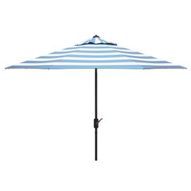SAFAVIEH 9ft Outdoor Patio Umbrella, Round, Iris Collection, Baby Blue & White Stripe, Auto Crank Tilt, UV Resistant for Deck, Backyard, Poolside (PAT8004U)