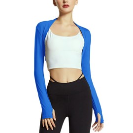 FEOYA Mangas de brazo para mujer con agujero para los dedos, protección solar, bolero para deportes al aire libre, Azul / Patchwork, L