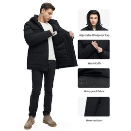 VOPOKER Winter Coats for Men Waterproof Winter Jackets for Men Warm Padded Jacket with Hood Windbreaker Black L