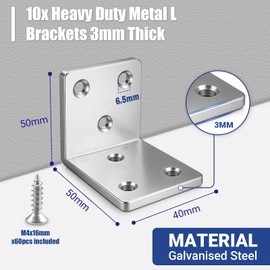 Xyxu L Brackets for Wood, 10pack Heavy Duty 50x50x40mm Metal Right Angle Corner Sleeper Brackets for Wood with 60pcs Screws, 3mm Thick Galvanised Steel 90 Degree L Shaped Bracket for DIY, Home Repair