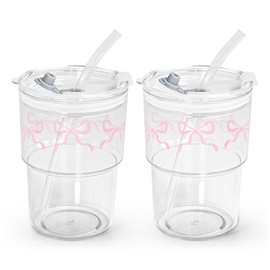 Icesip 15 oz Pink Bow Plastic Iced Coffee Cups with Lids and Straws Set of 2, Unbreakable Drinking Glasses Coquette Aesthetic Reusable Matcha Glass to Go Cup for Tea Smoothie Juice Dishwasher Safe