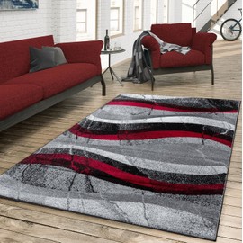 Paco Home Thin Grey Red Designer Rug with Modern Wave Effect, Size: 2' x 3'3"