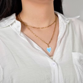 CANDYFACNY Heart Enamel Pendant Necklace for Women Gold Plated Love Paperclip Chain Necklaces Cute Preppy Heart Blue Enamel Pendant Necklaces Trendy Jewelry Gifts