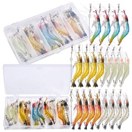 Goture Soft Shrimp Lures Luminous Shrimp Bait Set Fishing Lures with Sharp Hooks for Freshwater Saltwater Trout Bass Salmon Crappie Walleye Pike Perch，20pcs Shrimp Lures with Fishing Tackle Box