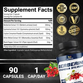 BMVINVOL 5-in-1 Berberine Supplement with Ceylon Cinnamon, Gymnema Sylvestre, Bitter Melon & Black Pepper - Supports Immune Function, Cardiovascular Heart (90 Count)