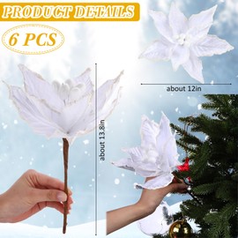 Zeyune 6 Pcs Christmas Poinsettia Flowers Artificial 12 Inch Large Frost Edged Flannel Christmas Flowers Faux Poinsettia Flowers Christmas Tree Flowers for Xmas New Year Wedding Party(White)