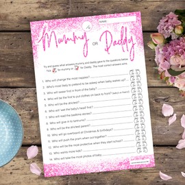 20 x Mummy or Daddy Baby Shower Game - Pink Glitter Effect (20 Guest Cards + 1 Card of Answers for The Host + Winner Certificate)