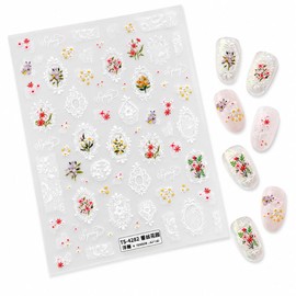 3D Floral Nail Stickers, Gold-Edged Flowers & White Lace Nail Decals