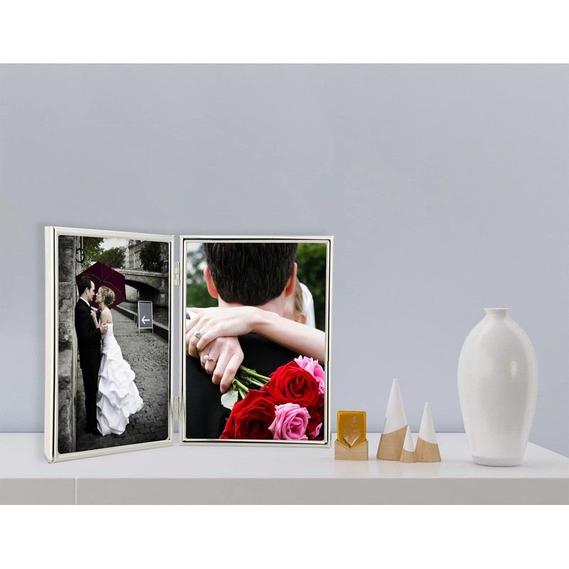 YiPinYin 5x7'' Hinged Double Simply Silver Metal Picture Frames, Elegant