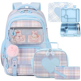 Bevalsa Kids Backpack for Girls with Bento Lunch Box Set, Plaid Purple Bookbag Backpack for Girls Kid, 43oz Lunch Containers Lunchbox, Insulated Lunch Bag & Pencial Case, Back To School Gift