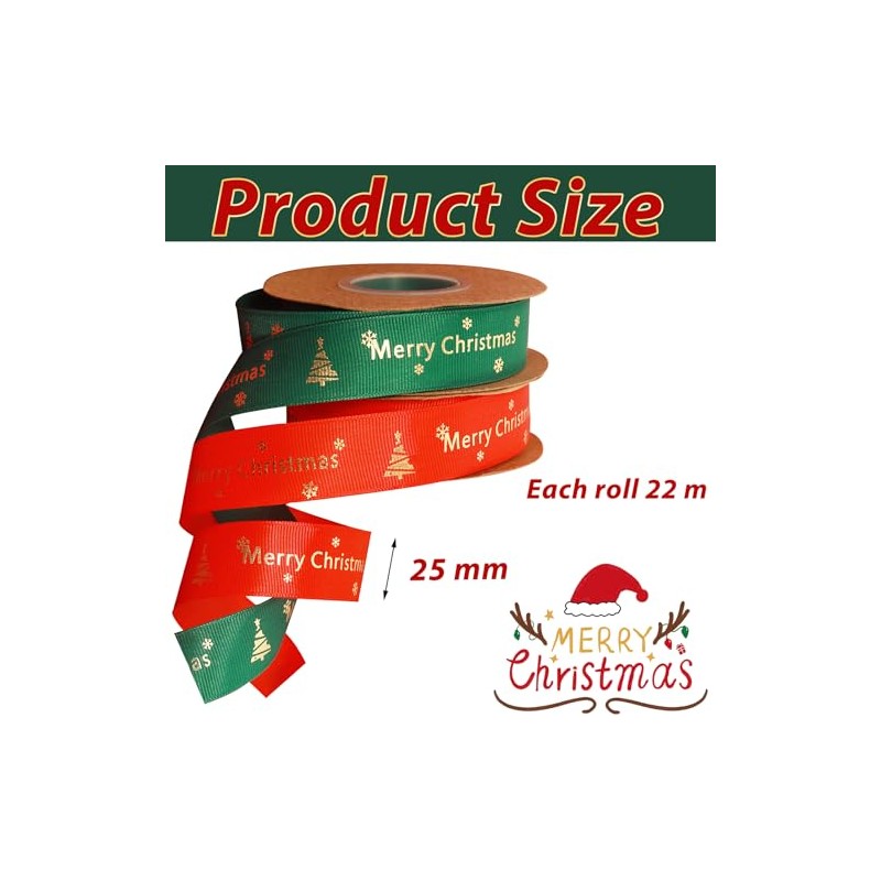 Christmas Ribbon 25mm for Gift Wrapping 22M,2 Rolls Red and