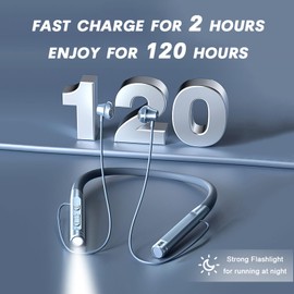 Neckband Bluetooth Headphones Wireless Earbuds with Microphone Flashlight Around the Neck Waterproof Sport Headset Noise Cancelling Ear Buds 120H Playtime for Running Cycling Cell Phone Android iOS