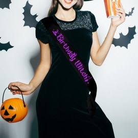 Birthday Witch Halloween Black Sash - Purple Foil Halloween Themed Birthday Party Favors for Women and Girl - Witches Birthday Party Decorations