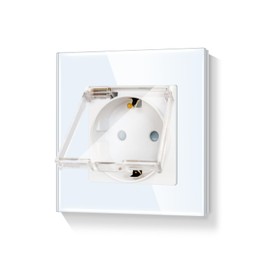 LIAONFOY Schuko Single Socket with Lid Flush-Mounted Socket White Colour Wall Socket Glass Frame 110-250 V 86 mm