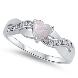 CloseoutWarehouse White Simulated Opal With Round Cubic Zirconia Heart Swirl Design Ring Sterling Silver Size 6