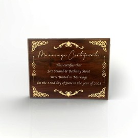 Handcrafted Marriage Certificate Plaque Custom Wedding Certificate of Marriage 9x12 inch Display (Cherry with Gold)