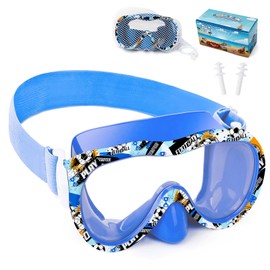 Kids Swim Goggles, Anti-Leak Snork Mask Diving Mask with Nose Cover & Elastic Fabric Strap, UV Protection Swimming Goggles with Mesh Bag & Ear Plugs for Kids Boys Girls (Blue Football)