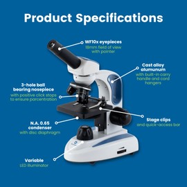 Accu-Scope Student Compound Microscope EXM-50 - Monocular Head, 40-400X Magnification, Course Focus, Cordless LED Illumination - Student Proof Biological Microscope for School Laboratory & Home