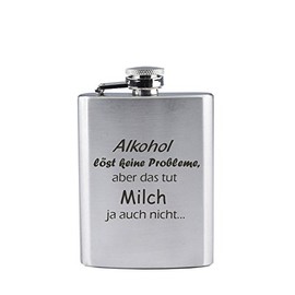 Stainless Steel Hip Flask with Engraving - Alcohol Löves Keine Probleme, Aber das TUT Milch ja auch Nicht... - Funny - as a Gift or Christmas (190 ml)