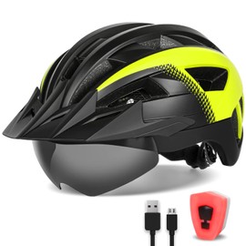 FUNWICT Adult Bike Helmet with Visor and Goggles for Men Women Mountain Road Bicycle Helmet Rechargeable Rear Light Cycling Helmet (M: 54-58 cm (21.3-22.8 inches), Black Yellow)