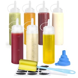 CafullCon Pack of 7 8 oz Squeeze Bottles, 240 ml Plastic Squeeze Bottle with Caps, Reusable, No Leak, Large Sauce Bottle with Brush and Stickers for Ketchup Condiment Pigment Sauces Painting