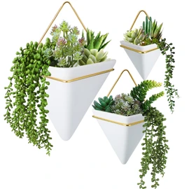 Romooa 3 Sets Ceramic Wall Hanging Planters Indoor 3 Size Geometric Hanging Planters for Indoor Plants Self Watering Pots with Metal Holder for Air, Cactus, Faux Plants and Home Office Decor