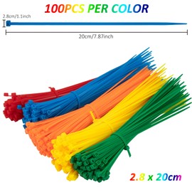 Pack of 500 Colourful Cable Ties 200 mm x 2.8 mm Coloured Cable Tie Set Adjustable Heat Resistant UV Resistant Coloured in Red Yellow Blue Green Orange