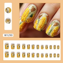 24Pcs Press on Nails Square Short Glossy Full Cover Fall Acrylic Coffin False Nails with Corn Heart Designs Artificial Natural Fake Nails with Glue Stick on Nails for Women Girls