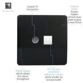 Trendi Artistic Modern Glossy Tactile TV Co-axial Socket + Telephone Socket Black ART-TLP+TVBL