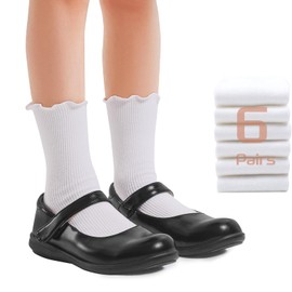 Sockswift Little Girls Ruffle Crew Socks White Cotton Dress Socks Breathable Knit Frilly Ankle Socks 4-6 Years 6 Pairs
