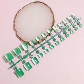 24Pcs Cat Eye Press on Toe Nails Summer Fake Toenail with Green Glitter Designs Fashion False Toenail Full Cover Acrylic Artificial Toe Nails Art DIY Foot Nails Square Glue on Toenails for Women