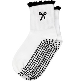 Jeyiour Women Cute Pilates Socks Non Slip Ruffle Yoga Socks with Grip for Crew Yoga Barre Workout Embroidery Pattern(Black)