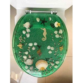 Heavy Duty Comfort Seahorse Seashells Oval Elongated Toilet Seats with Cover Acrylic Seats. (Green"19 INCH)