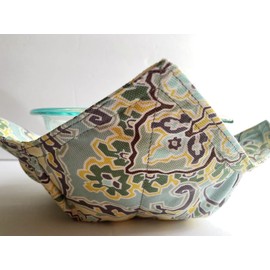 Set of 2 Bowl Cozies - Dante Cotton Print - aka Microwave Hot Pads aka Bowl Oven Mitts - 8.5 inches for up to 8 inch bowls - Modern Damask in Light Cool Tones