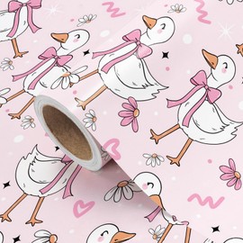 WRAPAHOLIC Silly Gooses Wrapping Paper Roll - Mini Roll - 17 Inch x 16.5 Feet - Pink Goose Coquette Gift Wrap Flower Wrapping Paper Perfect for Girls, Birthday, Baby Shower