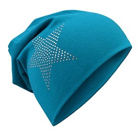 Miobo Children's Slouch Beanie Hat, Cotton, Rhinestone Star, turquoise