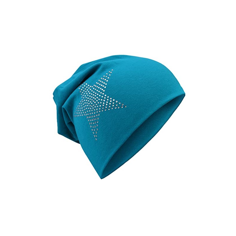 Miobo Children's Slouch Beanie Hat, Cotton, Rhinestone Star, turquoise