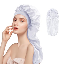 Adorila Long Satin Bonnet for Women, Double Layer Silk Bonnet with Stretchy Band, Sleeping Cap with Button for Braids Curly Hair (Silver)
