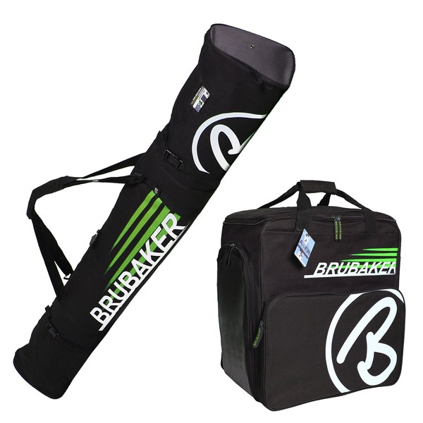 BRUBAKER "Champion" Combo Ski Boot Bag and Ski Bag for 1 Pair of Ski up to 170 cm, Poles, Boots and Helmet - Black Green