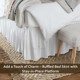 Falda de cama con volantes con esquinas divididas, caída de 15 pulgadas, falda de cama 100% microfibra con plataforma de cobertura de tres caras con volantes para camas queen, color blanco