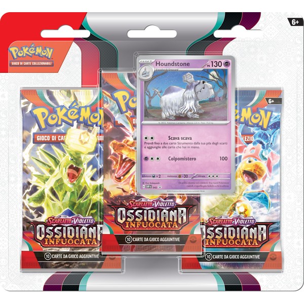 Pokémon Pack of Three Envelopes (Houndstone) of the Scarlet and Violetto Expansion - Burning Obsidian of the GCC Pokémon (Three Expansion Packs and One Holographic Card), Italian