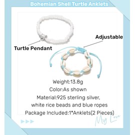 GAUEIOUR Bohemian Shell Turtle Anklets,Layered Feet Chain Handwoven Shell Turtle Shell Beaded Feet Chain Bracelet,Summer Barefoot Beach Ankles(2 Pieces)