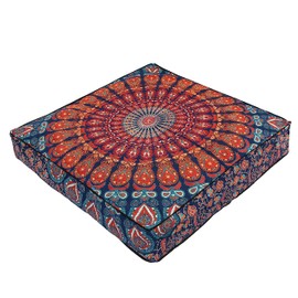 35" Mandala Large Floor Pillow Cover Meditation Cushion Seating Throw Hippie Square Colourful Decorative Bohemian Accent Boho Chic dog bed Indian Pouf Ottoman COVER ONLY (Peacock Multicolour)