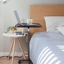 FCH 23.6 Inch Rolling Adjustable Multifunctional Lifting Computer Desk, Tilting Desktop, Sit Stand Laptop Desk TV Tray for Bed Sofa Hospital Reading Eating, Brown