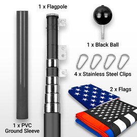 G128 Combo Pack: 25 Ft Telescoping Aluminum Flagpole (Black) & American and Thin Blue Red Line Flags 3x5 Ft, Both ToughWeave Series Embroidered Polyester | Pole with Flags Included
