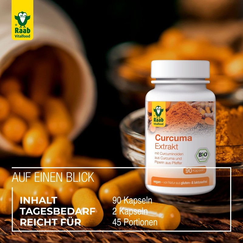 Raab Vitalfood Organic Curcuma Extract Capsules, 90 Capsules of 500
