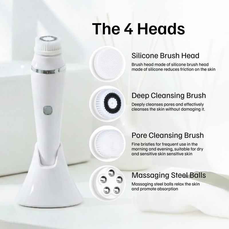 Electric Facial Cleansing Brush with 4 Interchangeable Heads, Rechargeable Face