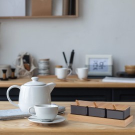 Relaxdays Spice Containers Set of 3 Spice Jars with Spoon & Lid, Plastic, Bamboo, Sugar Jars with Tray, Black