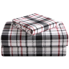 Highline Bedding Co. Flannel Sheet Set King Size- 100% Turkish Cotton, Double-Brushed, Ultra-Soft, Plush, Cozy 4-Piece Set (Classic Plaid, White/Blk/Red)